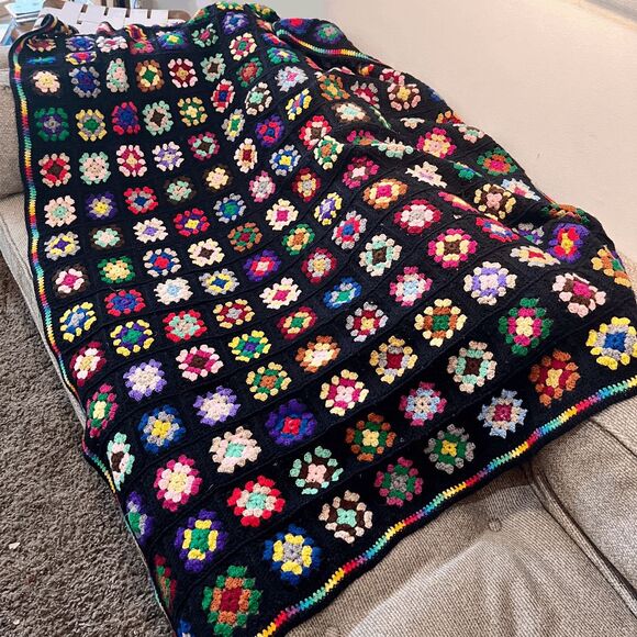 Handmade Crochet Afghan Granny Square Blanket Black Rainbow Edge Retro Boho Thro - Picture 1 of 13